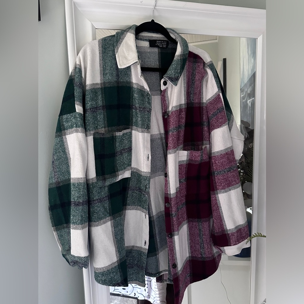 Dressed in Lala oversized flannel in green and garnet size Large